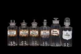 Group of six large chemist drug jars with stoppers and also labels, 25cm high (6)