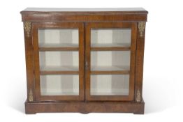 Victorian walnut bookcase cabinet with two glazed doors opening to a shelved interior raised on a