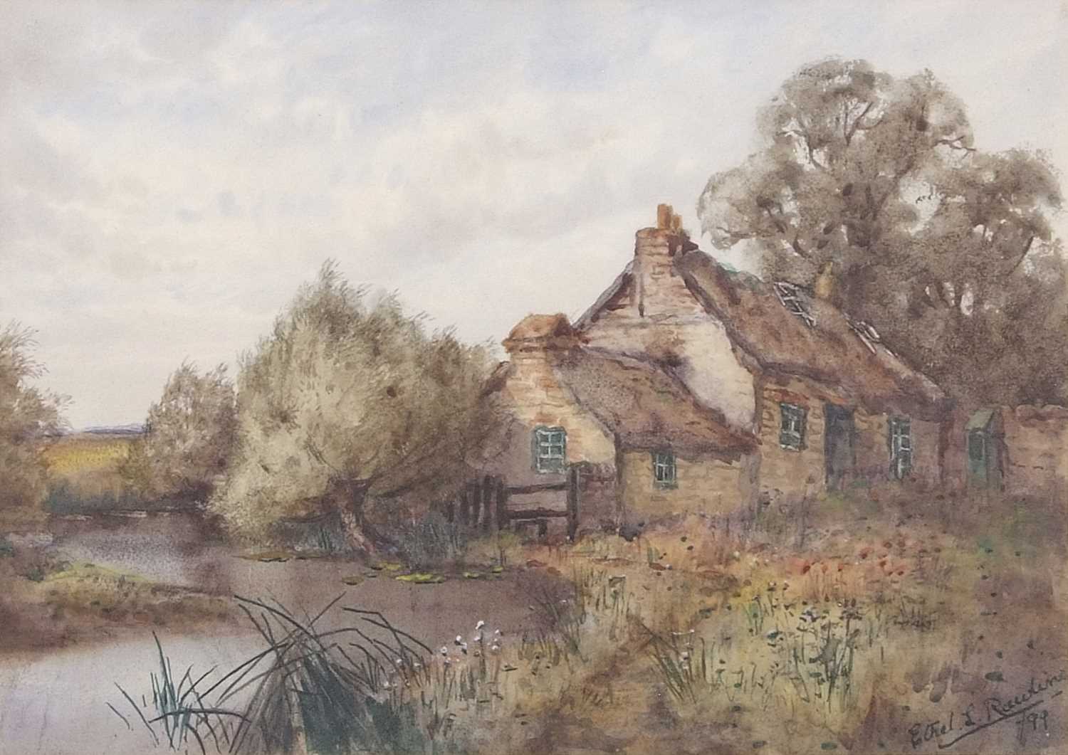 Ethel Rawlins (British, 1880-1940) A thatched cottage by a pond, watercolour, signed lower right and - Image 2 of 4