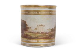English porcelain mug decorated with a large mansion with figures in the foreground, probably