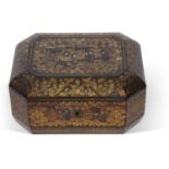 Early 19th Century Chinese export laquer box of octagonal form decorated in gilt with central