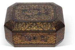 Early 19th Century Chinese export laquer box of octagonal form decorated in gilt with central