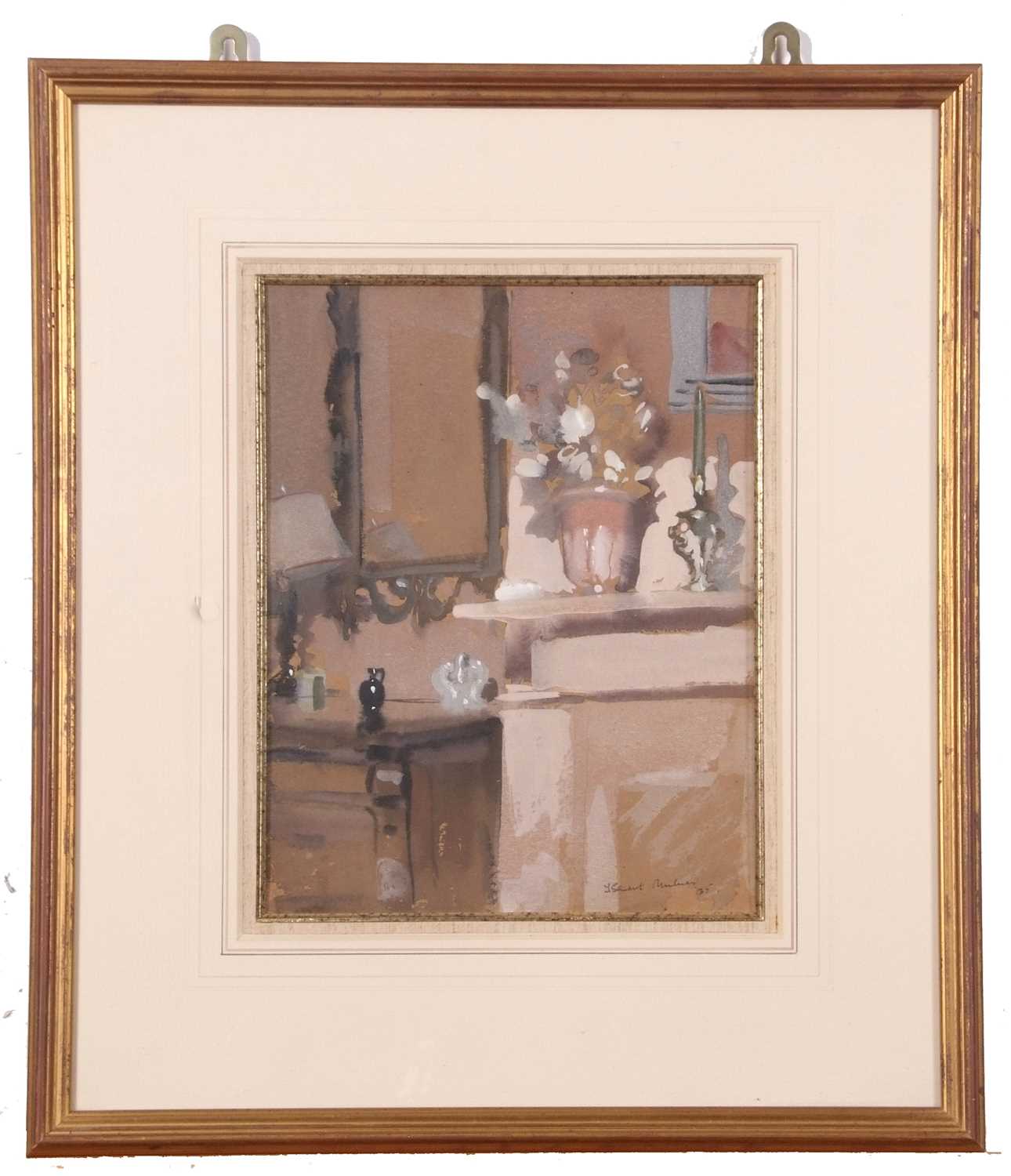 Thomas Stuart Milner RWS, RBA (British 1909-1969), Interior mantlepiece with a bowl of flowers, - Image 2 of 3