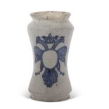 Late 17th Century Spanish Alberello with blue and white cipher to the front, 22cm high (section of