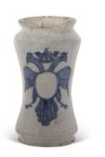 Late 17th Century Spanish Alberello with blue and white cipher to the front, 22cm high (section of