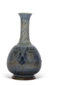 Doulton Lambeth vase by George Tabor with design of classical urns and faces on mottled blue ground,