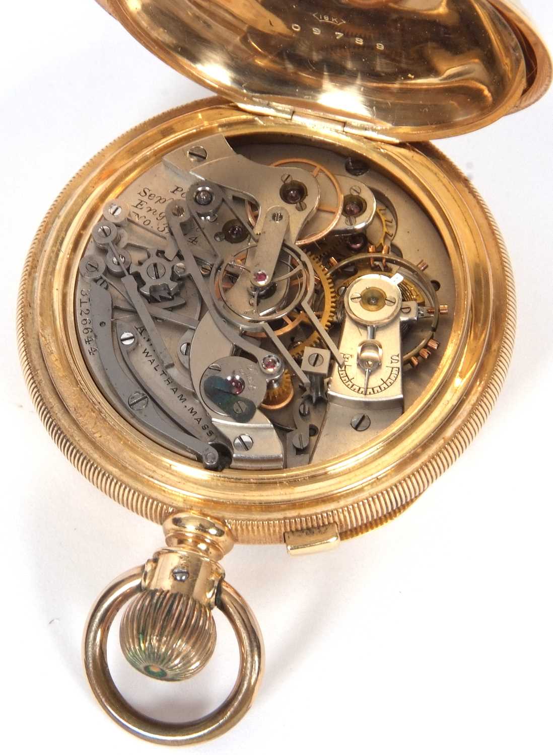 Waltham yellow metal chronograph pocket watch stamped 18k in the case back, it has a white enamel - Image 7 of 7