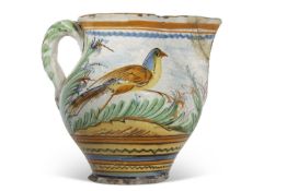 Large Italian Maiolica jug possibly Sicilian, 17th Century with polychrome decoration of wading