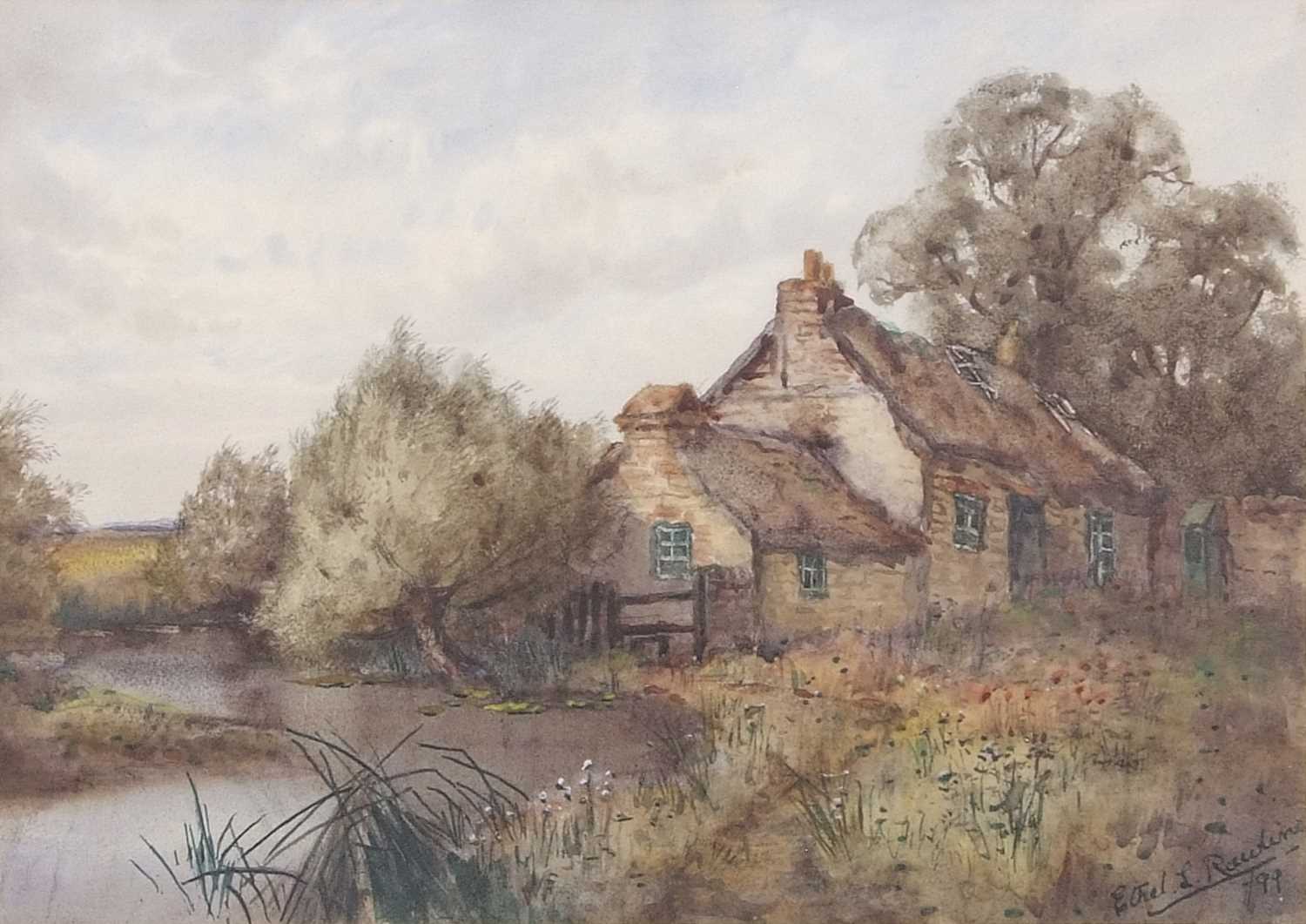 Ethel Rawlins (British, 1880-1940) A thatched cottage by a pond, watercolour, signed lower right and