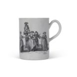 Small Worcester porcelain tankard decorated with black printed scenes of may day and milking scenes,