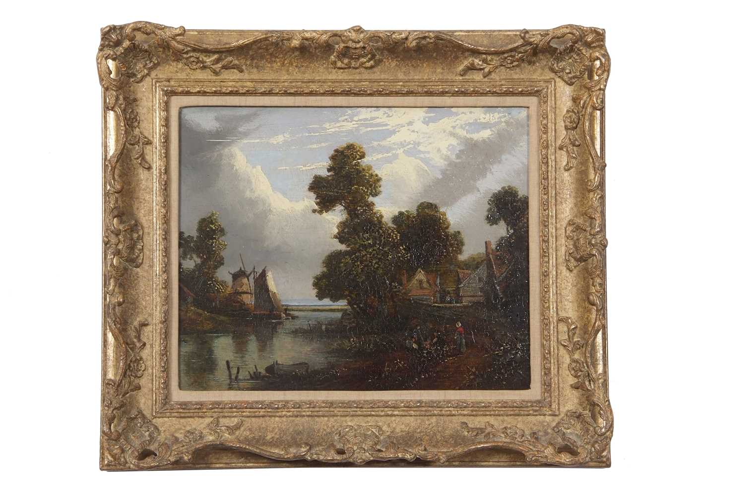 British School early 19th century, Landscape with figures beside a riverbank, a moored boat in the