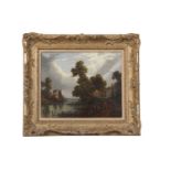 British School early 19th century, Landscape with figures beside a riverbank, a moored boat in the