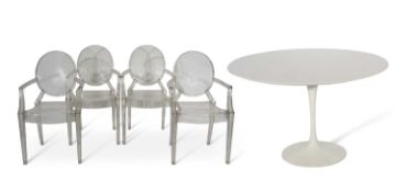 Saarinen tulip table with white circular laminate top 120cm dia together with a set of four Louis