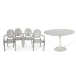 Saarinen tulip table with white circular laminate top 120cm dia together with a set of four Louis