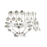 Set of George V flat wares in Old English pattern comprising six table spoons, six dessert spoons,