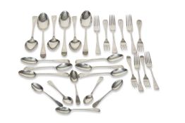 Set of George V flat wares in Old English pattern comprising six table spoons, six dessert spoons,