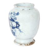 18th Century English delft drug jar, probably Lambeth, painted in blue and white with angels and
