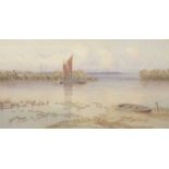 Norwich School, 19th Century, A wherry sailing near flooded pasture, watercolour, 15x27ins.