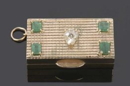9ct gold small hinged box, the textured lid applied with a central pear shaped cut diamond with a