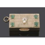 9ct gold small hinged box, the textured lid applied with a central pear shaped cut diamond with a