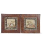 Pair of small 19th Century needlework pictures, figures in rural settings, set into veneered