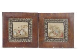 Pair of small 19th Century needlework pictures, figures in rural settings, set into veneered