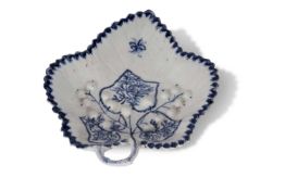 Rare Lowestoft porcelain leaf dish with a raised berry design and painted leaves in blue and white