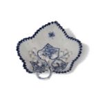 Rare Lowestoft porcelain leaf dish with a raised berry design and painted leaves in blue and white