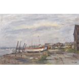 Martin Walton (British, 20th century), East Coast, possibly Pin Mill, oil on board, unframed.