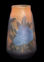 Galle vase, the dark orange ground overlaid with blue and brown flowers, 12cm high