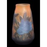Galle vase, the dark orange ground overlaid with blue and brown flowers, 12cm high