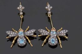 Pair of silver gilt diamond and zircon 'fly' earrings, the bodies with two round blue zircons within