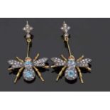 Pair of silver gilt diamond and zircon 'fly' earrings, the bodies with two round blue zircons within