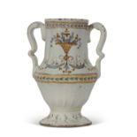 Italian Maiolica vase probably Faenza, 17th Century two handled vase decorated with classical urns