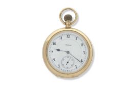 18ct gold open face Waltham USA pocket watch, circa 1880-1900, the watch has a white enamel dial
