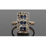 Sapphire and diamond tablet ring, 16x9mm, with six small round cut sapphires and 28 small single cut
