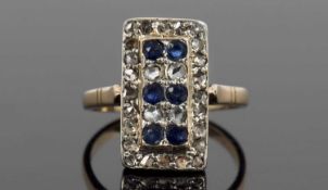 Sapphire and diamond tablet ring, 16x9mm, with six small round cut sapphires and 28 small single cut