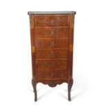 19th Century French serpentine front chest of drawers, veneered in Kingwood and Rosewood in a