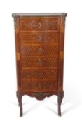 19th Century French serpentine front chest of drawers, veneered in Kingwood and Rosewood in a
