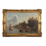 Continental School, 19th Century, Landscape, a busy river scene with fishermen and small boats
