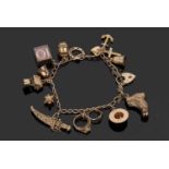 9ct gold curb link bracelet suspending various 9ct gold charms to include a dagger and scabbard