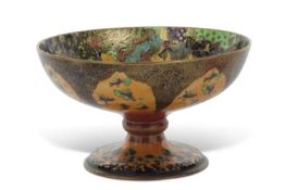Large Wedgwood fairyland lustre four footed bowl designed by Daisy Makeig-Jones, the interior
