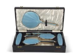 George VI cased six piece silver backed dressing table set, each item with pale blue guilloche