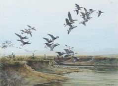 Simon T. Trinder (British, b.1958) 'Brent Geese over Blakeney Marsh', watercolour, signed,15x20ins.