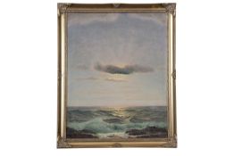 Charles Dunlop Tracey (British, 1870-1948), Seascape with open waves and clouded sun, oil on