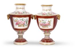 Pair of 19th Century English porcelain vases possibly Coalport, with central panel of painted basket