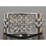 Modern two tone prescious metal and diamond set ring, the shaped rectangular panel 17x12mm approx,