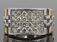 Modern two tone prescious metal and diamond set ring, the shaped rectangular panel 17x12mm approx,