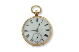 18ct gold open face pocket watch hallmarked throughout the case for London 1874, it has a white