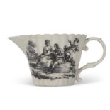 Worcested fluted jug with unusual black printed designs of a couple in a garden with classical